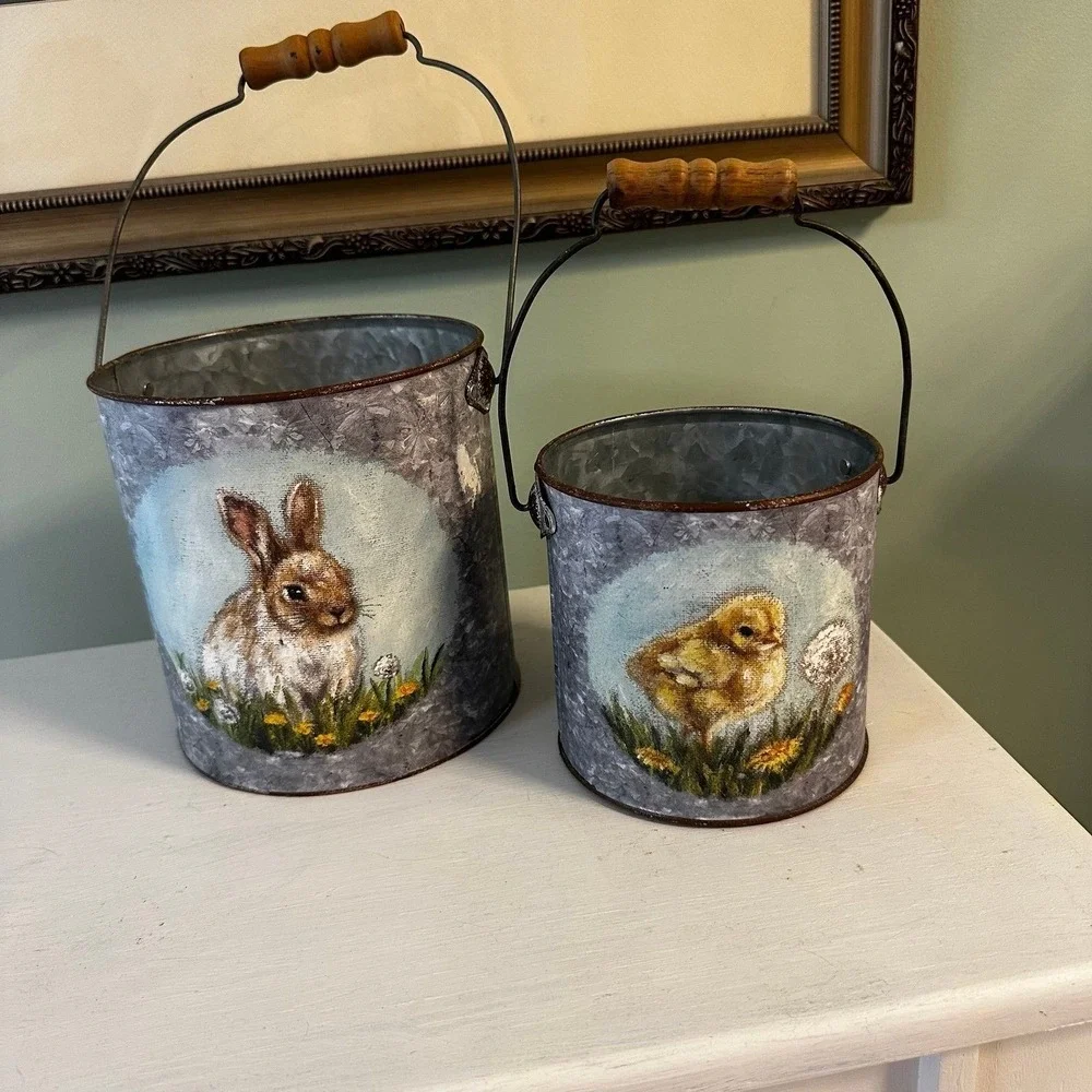 Set of two tin Easter spring decor Primitives by Kathy buckets